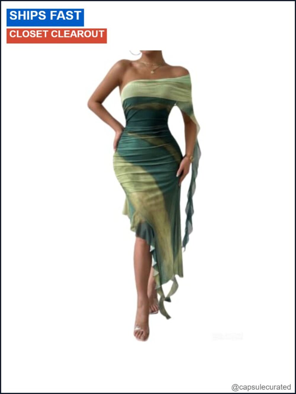 One Shoulder Bodycon Midi Dress Sleeveless High Split Mesh Tassel Cocktail Party